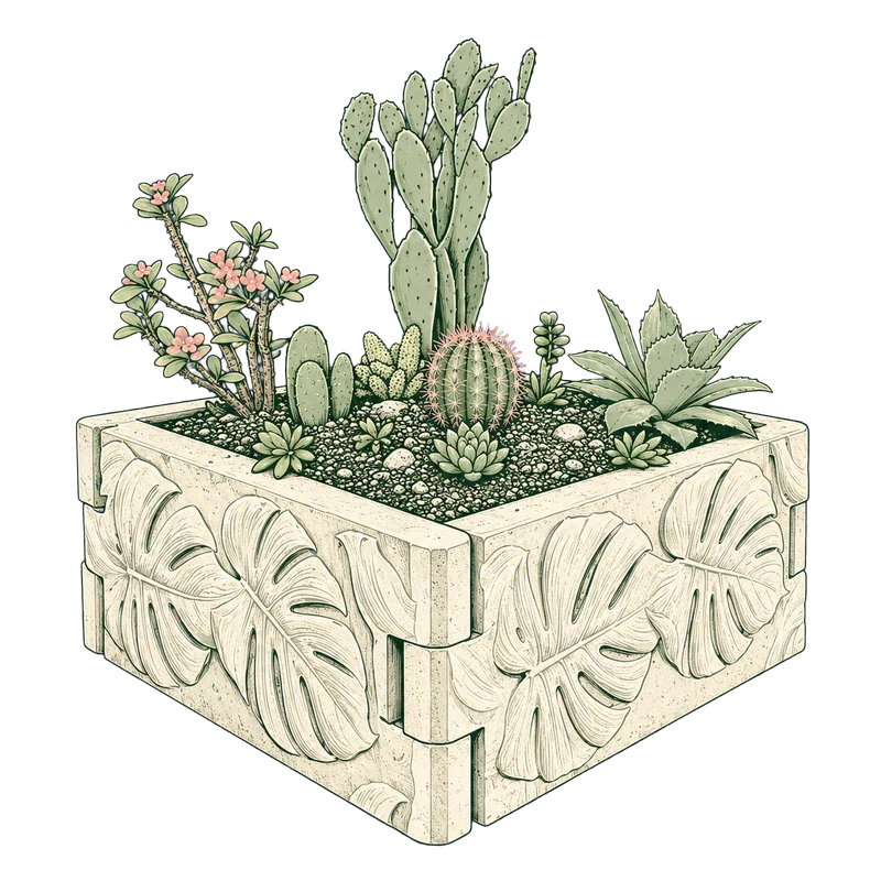 Hand-drawn illustration of a planted Radical concrete raised garden bed